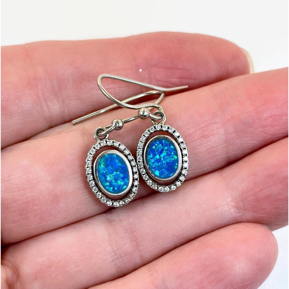 Vintage Sterling Silver Dangle Earrings, Lab Opal Halo, Bezel Set